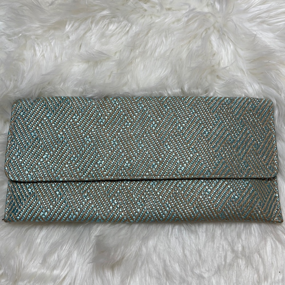Woven tan and blue clutch
